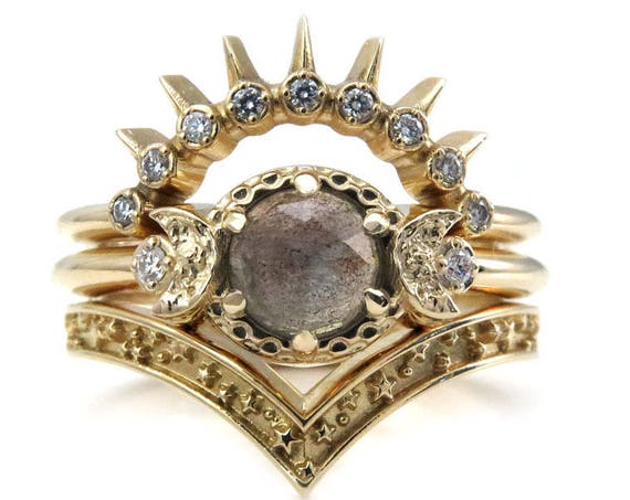 Sunray Moon and Star Engagement Ring Set - Rose Cut Labradorite 14k Gold with Diamonds - Celestial Stacking Wedding Set
