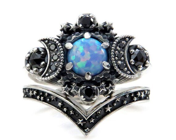 Cosmos Moon Engagement Ring Set - Lab Blue Grey Opal with Black Diamonds and Stardust Chevron Wedding Band