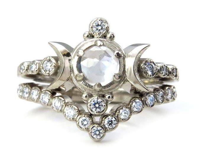 Moon Ring Engagement Set - Rose Cut Moonstone with Diamonds in 14k Palladium White Gold