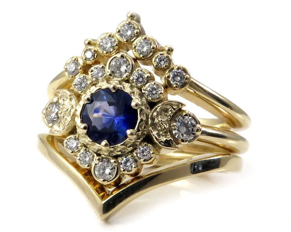 Moon Goddess Sapphire Engagement Ring Set with Double Chevron Wedding Band - 14k Gold - Handmade Jewelry