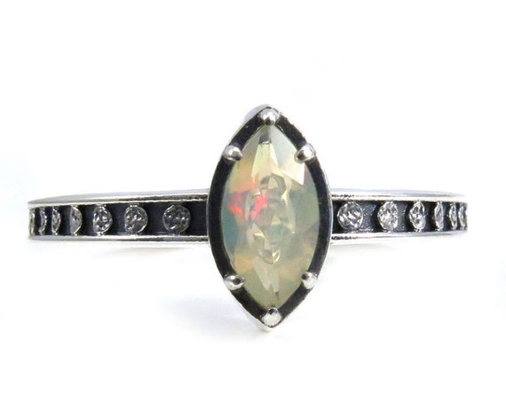 Marquise Opal Moon Phase Engagement Ring - Sterling Silver Occult Jewelry