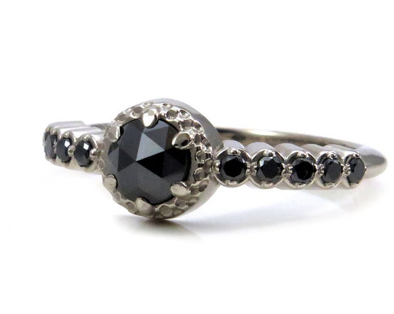 Modern Victorian Black Diamond Enagement Ring - 14k Palladium White Gold Alternative Wedding Ring