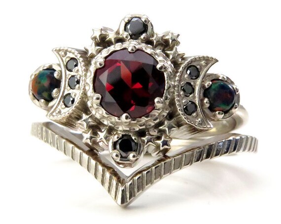 Red Garnet Cosmos Engagement Ring Set with Lab Black Opals & Black Diamonds - 14k Palladium White Gold