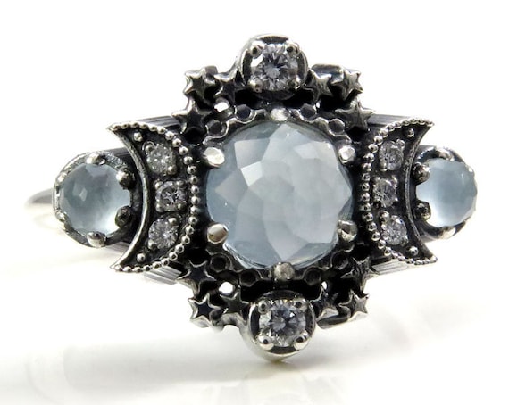 Rose Cut Milky Aquamarine Cosmos Triple Moon and Stardust Engagement Ring Set - Sterling Silver with White Diamonds