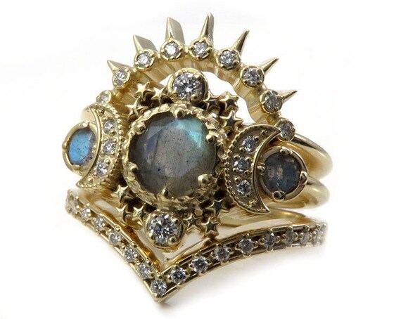 Labradorite Cosmos Moon Engagement Ring Set with Diamonds and Wedding Bands- Moon Phase Fine Jewelry