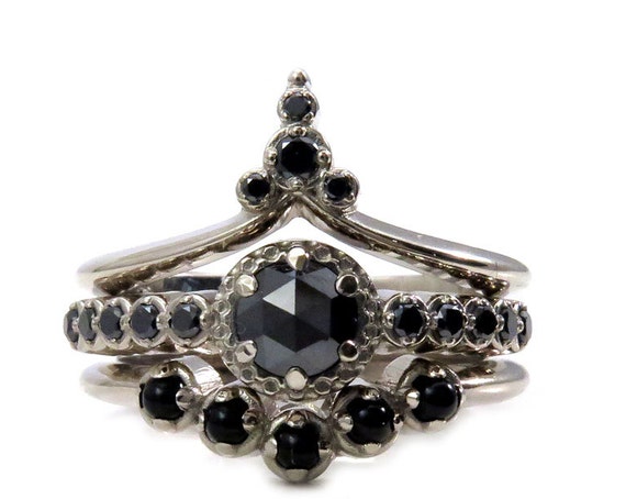 Gothic Art Deco Black Diamond Engagement Ring Set - Black Diamonds and Onyx
