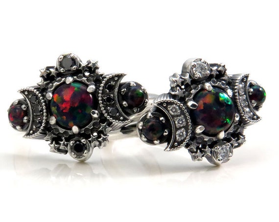 Ready to Ship Size 6 - 8 - Lab Black Opal Cosmos Moon and Star Ring - Sterling Silver with Black or White Diamonds