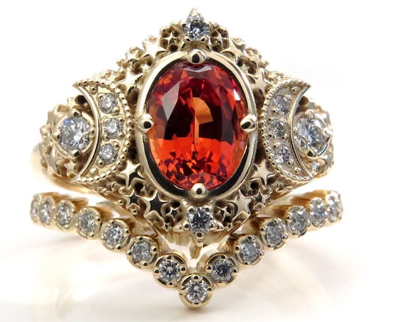 Starseed Engagement Ring Set - Oval Chatham Padparadscha Sapphire and Diamonds - Modern Gothic Lunar Wedding Rings