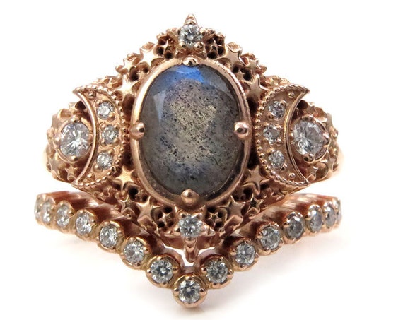Starseed Engagement Ring Set - Oval Labradorite and Diamonds - Boho Rose Gold Wedding Rings