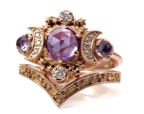 Rose Cut Lab Alexandrite Moon Engagement Ring Set - Rose Gold Boho Fine Handmade Jewelry