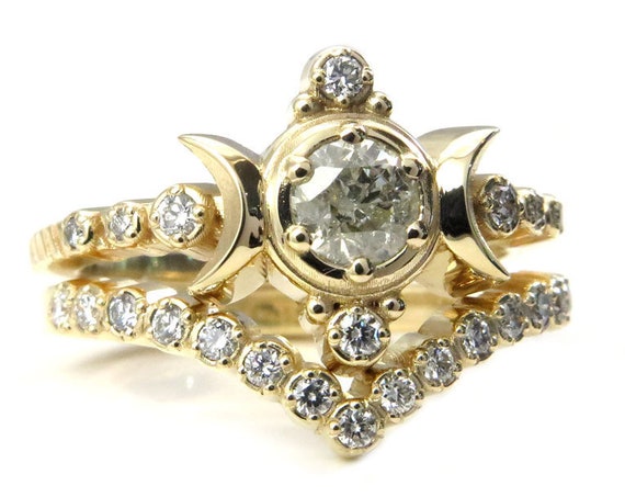 Galaxy Diamond Compass Moon Ring Set with Pave Diamond Chevron Wedding Band- Gothic Wedding Ring Set
