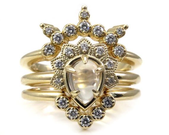 Moonstone and Diamond Asteroid Engagement Ring Set - 14k Gold - Bohemian Stacking Ring Set