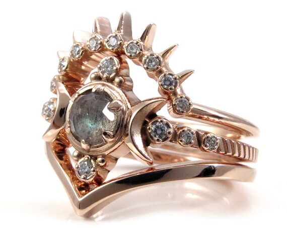 Rose Cut Labradorite Compass Moon Engagement Ring Set with Diamond Sunray and Chevron Wedding Bands