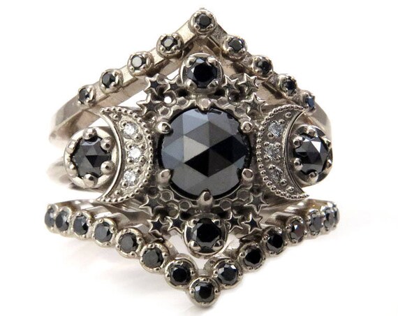 3 Piece Rose Cut Black Diamond Engagement Ring with Double Black Diamond Chevrons - Moon Wedding Set