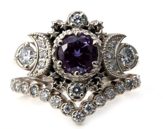 Chatham Alexandrite Cosmos White Gold Moon Engagement Ring - Moon & Star Wedding Set