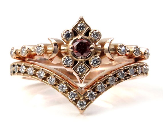 Irradiated Peach and White Diamond Tiny Moon Engagement Ring Set - 14k Rose Gold