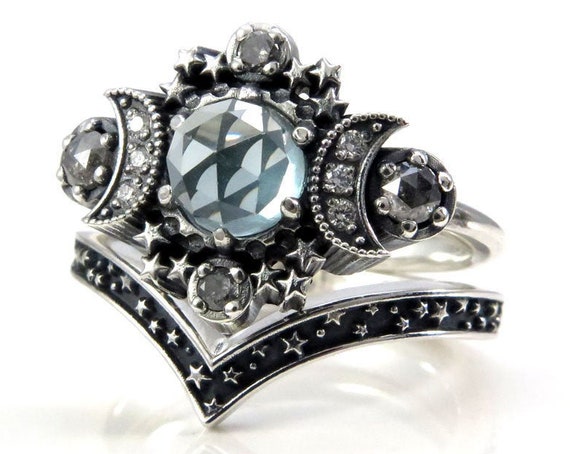 Lab Spearmint Spinel Cosmos Moon and Star Ring - Sterling Silver with Salt & Pepper Diamonds and Black or White Diamond Moons