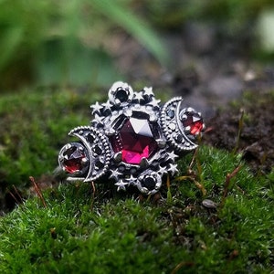 Rose Cut Garnet Cosmos Moon and Star Ring - Sterling Silver with Black & White Diamonds