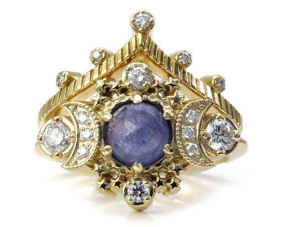 Rustic Rose Cut Tanzanite Cosmos Engagement Ring Set - Bohemian Engagement Rings