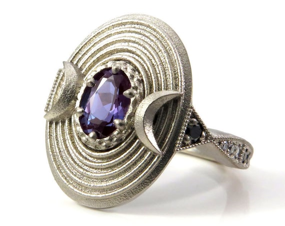 Ready to Ship Size 6 - 8 - Lunar Vortex - Chatham Alexandrite and Black and White Diamonds - Celestial Cocktail Ring
