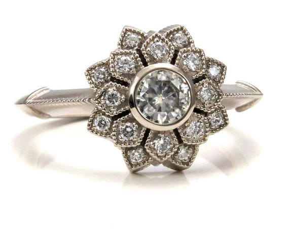 Moissanite and Diamond Art Deco Double Petal Engagement Ring - 14k Palladium White Gold