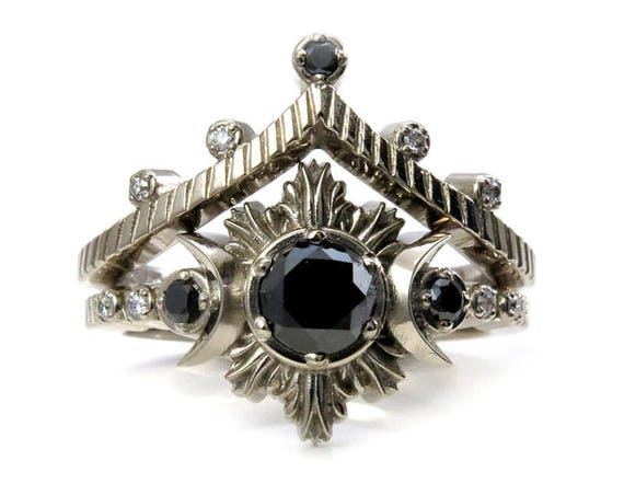 Night Sky Moon and Star Engagement Ring Set - Gothic Modern Black Diamond Moon Ring