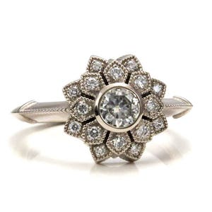 Art Deco Diamond Double Petal Halo Engagement Ring, Vintage Moissanite Ring, 14k Nature Engagement, Unique Engagement, Handmade Flower Ring