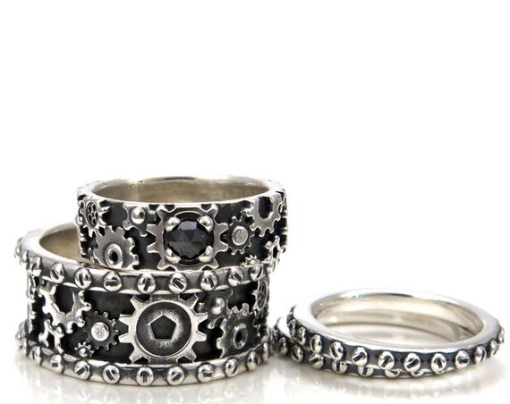 His and Hers Steampunk Gear Ring Set - Sterling Silver and Black Diamond
