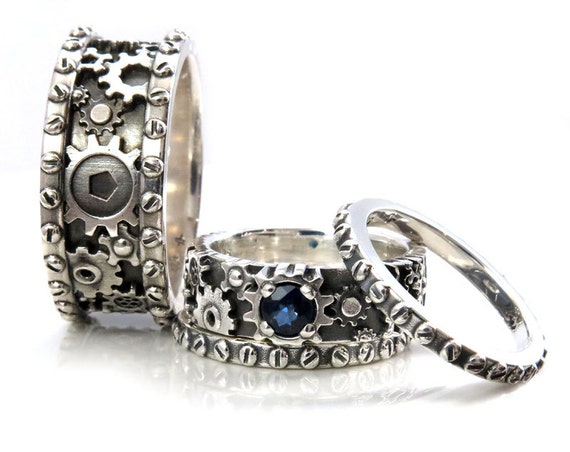 His and Hers Gears and Rivets Wedding Ring Set - Sterling Silver with a Sapphire - Steampunk Gear Ring
