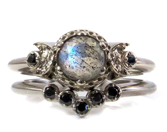 Labradorite and Black Diamond Engagement Ring Set - Moon Phase Wedding Ring - White Rose or Yellow Gold