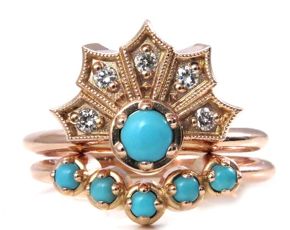 Diamond and Turquoise Crown Engagement Ring Set - Modern Art Deco Wedding Rings