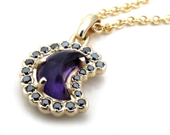 Amethyst and Black Diamond Crescent Moon Pendant - 14k Yellow Gold - Ready to Ship
