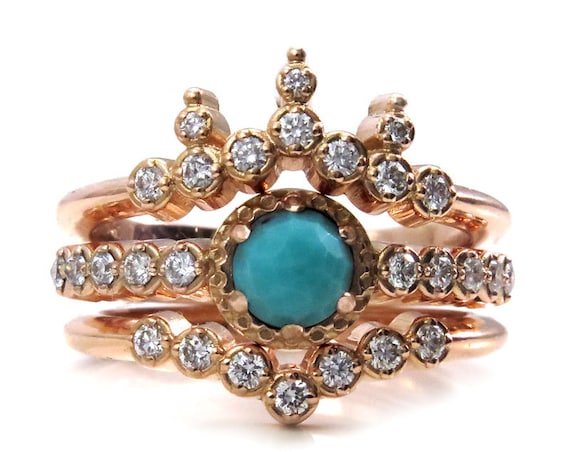 Victorian Turquoise and Diamond Engagement Ring Set - Rose Gold Wedding Rings
