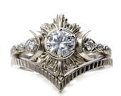 North Star Moon Engagement Ring - Moissanite Diamonds and 14k Palladium White Gold