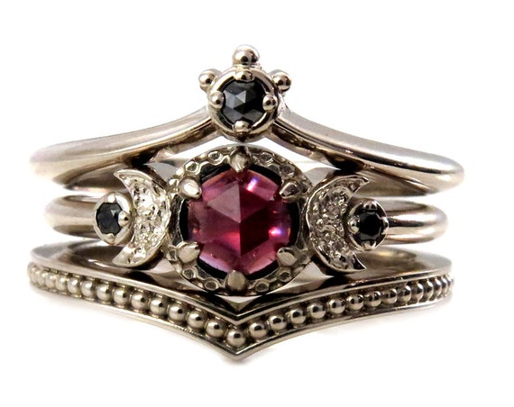 Black Diamond And Garnet Crown and Moon Engagement Ring Set - Gothic Victorian Fine Jewelry
