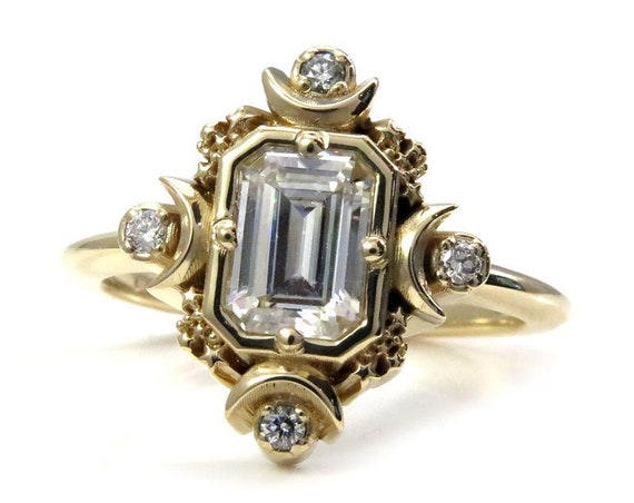 Emerald Step Cut Artemis Moon Engagement Ring with Moissanite and Diamonds - Moon Phase Engagement