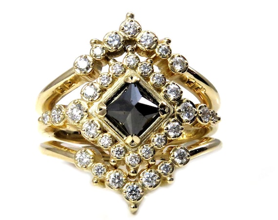 Gold Bohemian Engagement Ring Set - Black Square Diamond with Tiny White Diamonds and Crown Wedding Bands