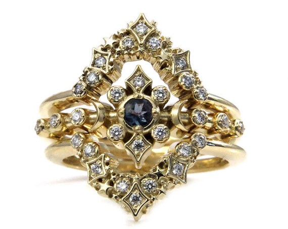 Alexandrite Stardust Moon Engagement Ring Set with Tiny Diamonds - Bohemian Celestial Moon Phase Stacking Ring Set