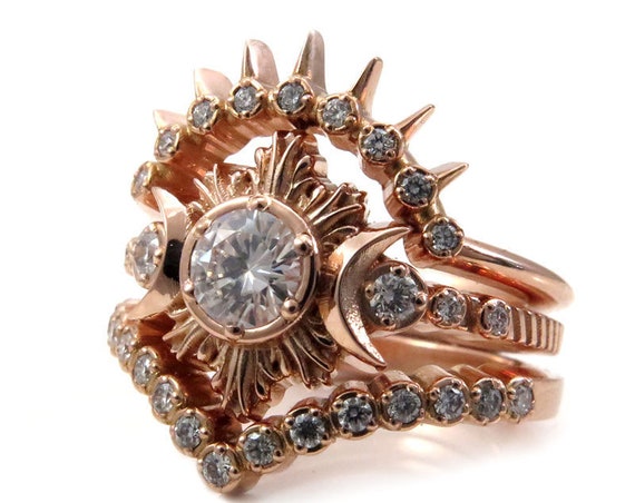 MoonFire Enagement Ring Set - 14k Rose Gold with Diamond or Moissanite Center Stone and Double Diamond Wedding Bands