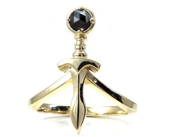 Rose Cut Black Diamond Dagger Midi Ring - Sterling Silver, 14k Yellow, Rose or Palladium White Gold