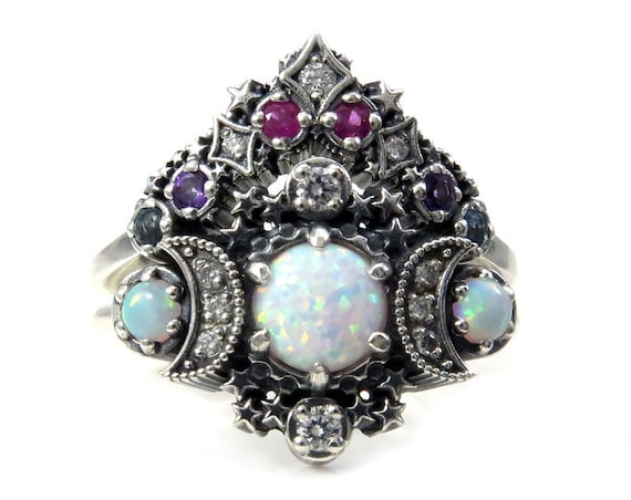 Lab Opal Cosmos Moon and Star Ring - Sterling Silver with White Diamonds and Nebula Stardust Crown