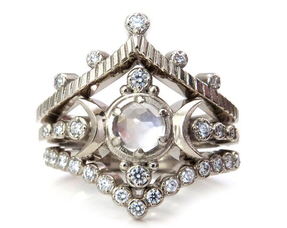 Snow Moon Engagement Ring Set - Rose Cut Moonstone and Diamonds