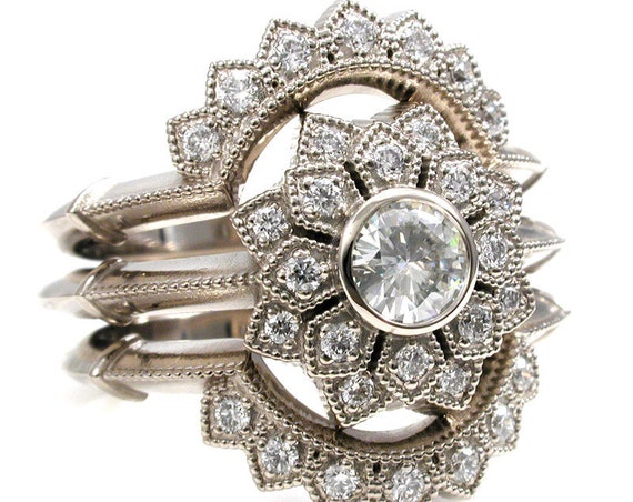 Art Deco Double Petal Halo Ring with 2 Matching Diamond Side Bands - 14k Palladium White Gold - Diamond Engagement Ring Set