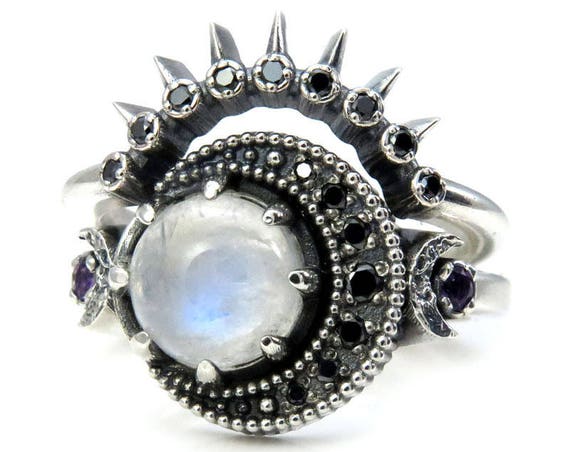 Moonstone Moon Engagement Ring with Black Diamond Sunray Wedding Band - Sterling Silver with Black Diamonds and Amethyst