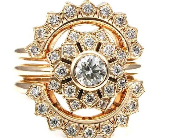 Ultimate Engagement Ring Set - Flower Art Deco Double Halo 3 Ring Wedding Set - Diamonds and 14k Yellow Gold