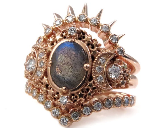 Starseed Labradorite Engagement Ring Set - 14k Rose Gold & Diamonds - Celestial Stacking Wedding Set