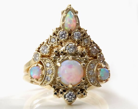 Lab Opal Cosmos Moon Engagement Ring Set - Yellow Gold Lunar 3 Stone Crescent Diamond Rings