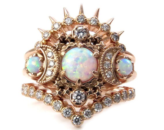 Cosmos Moon Engagement Ring 3 Ring Set with Lab Opals and Diamonds - Boho Celestial Wedding Set