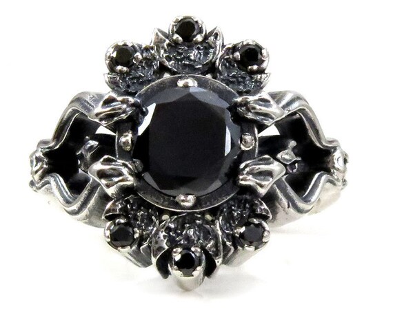 Gothic Snake and Crescent Moon Engagement Ring - Black Tourmaline and Black Diamonds