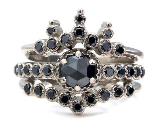 Noir Engagement Ring Set - Black Diamond Engagement Ring with Crown Band and Chevron Stacking Ring